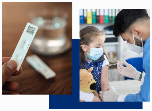 Two layered images. One of a covid test. One of a girl getting a vaccine.