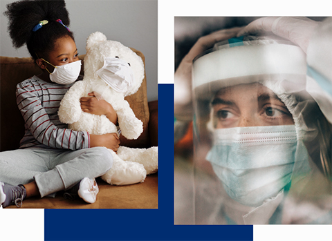 Two layed images. One of a girl with a mask holding a stuffed bear with mask.  Another of a medical worker with a face shield on.