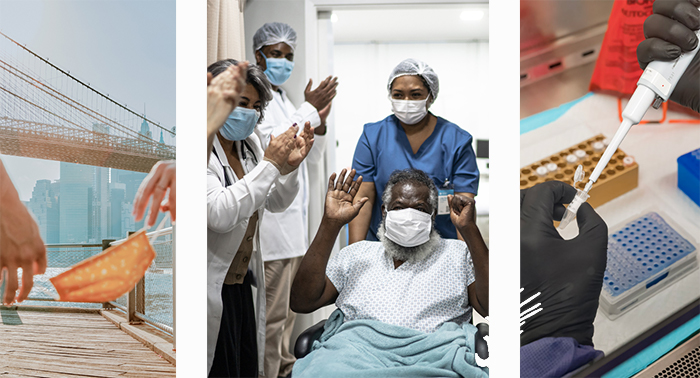 Three layered images: One of a mask with cityline background; one with nurses celebrating with patient; one with a covid test being performed.